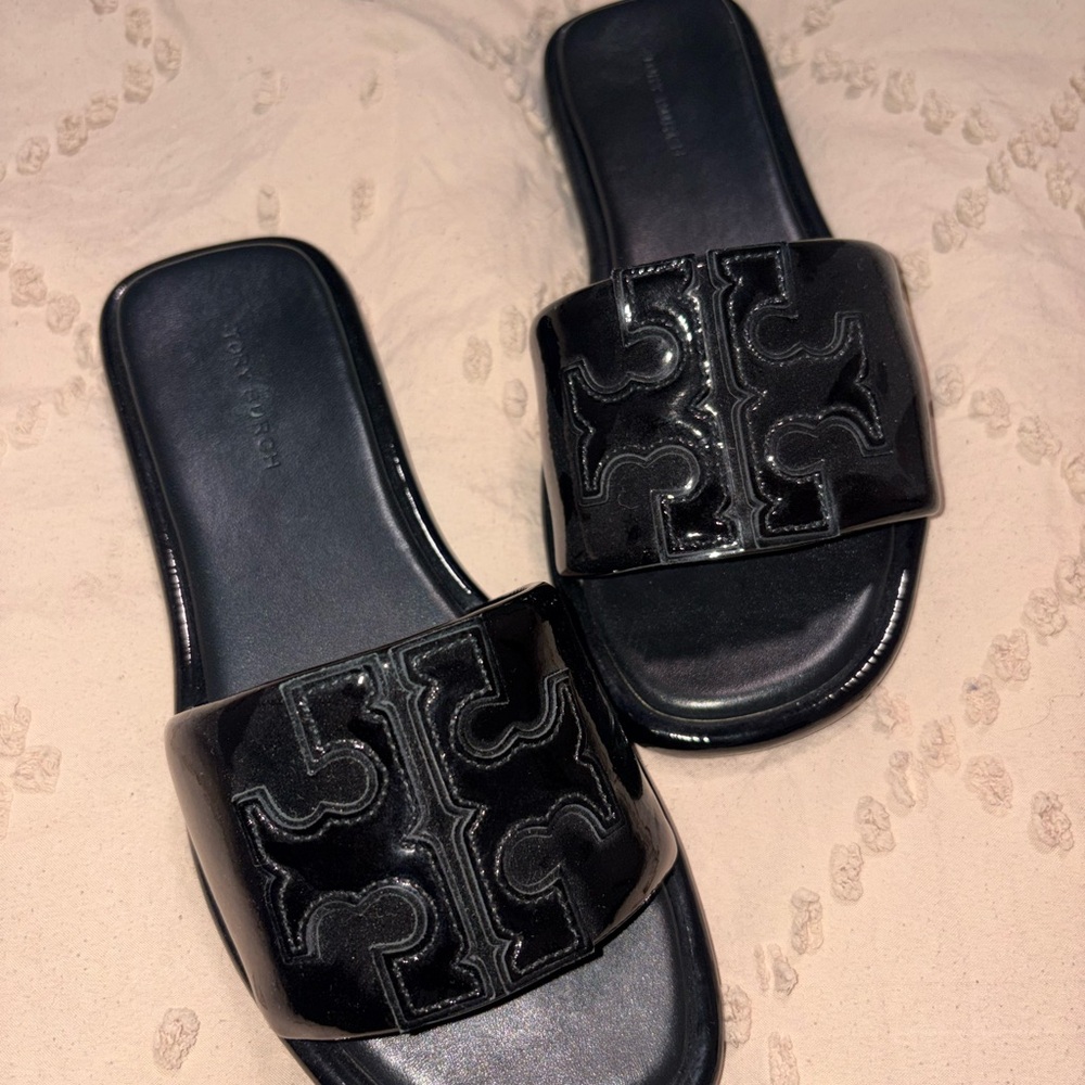 Tory Burch Black Patent Logo Slide Sandals